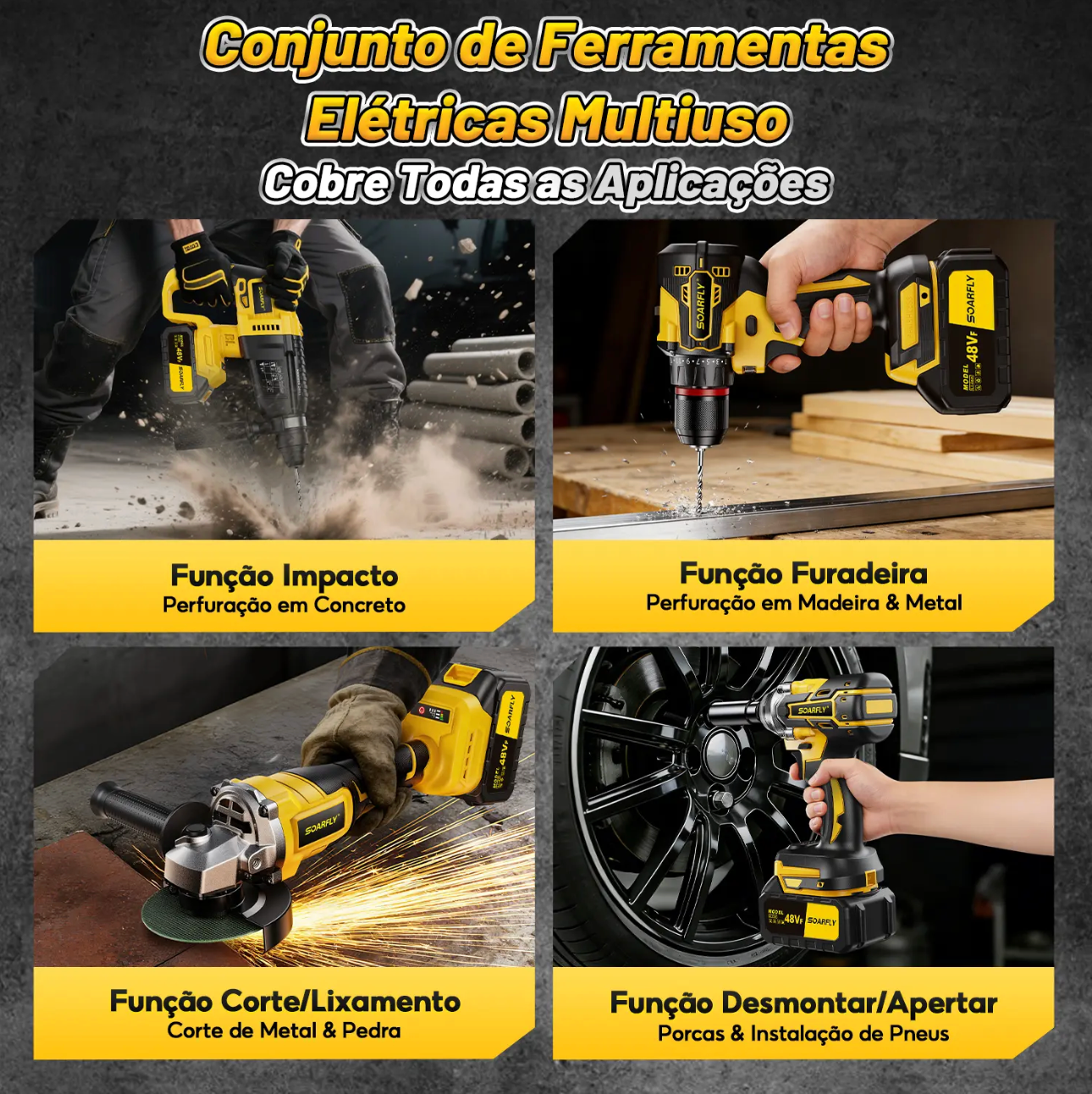 Kit Ferramentas 4 em 1 - Martelete + Esmerilhadeira + Furadeira Parafusadeira +Impacto Chave | Ideal para Reformas Residenciais e Reparos Domésticos