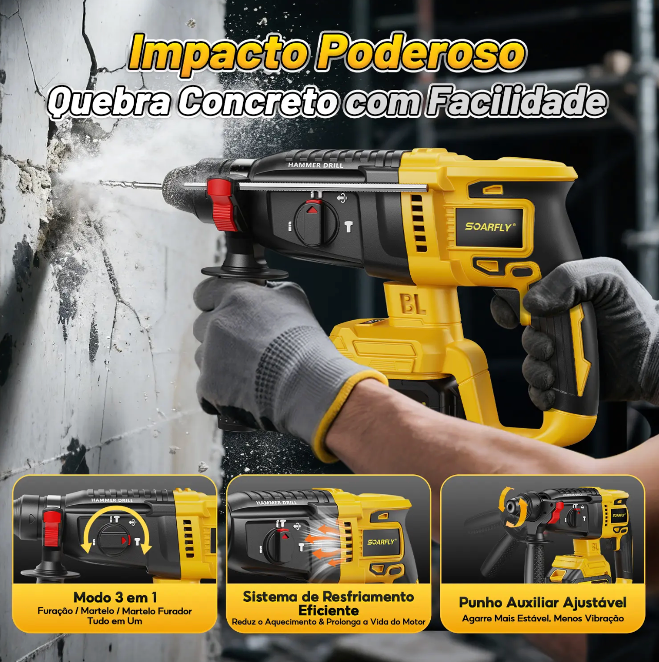 Kit Ferramentas 4 em 1 - Martelete + Esmerilhadeira + Furadeira Parafusadeira +Impacto Chave | Ideal para Reformas Residenciais e Reparos Domésticos