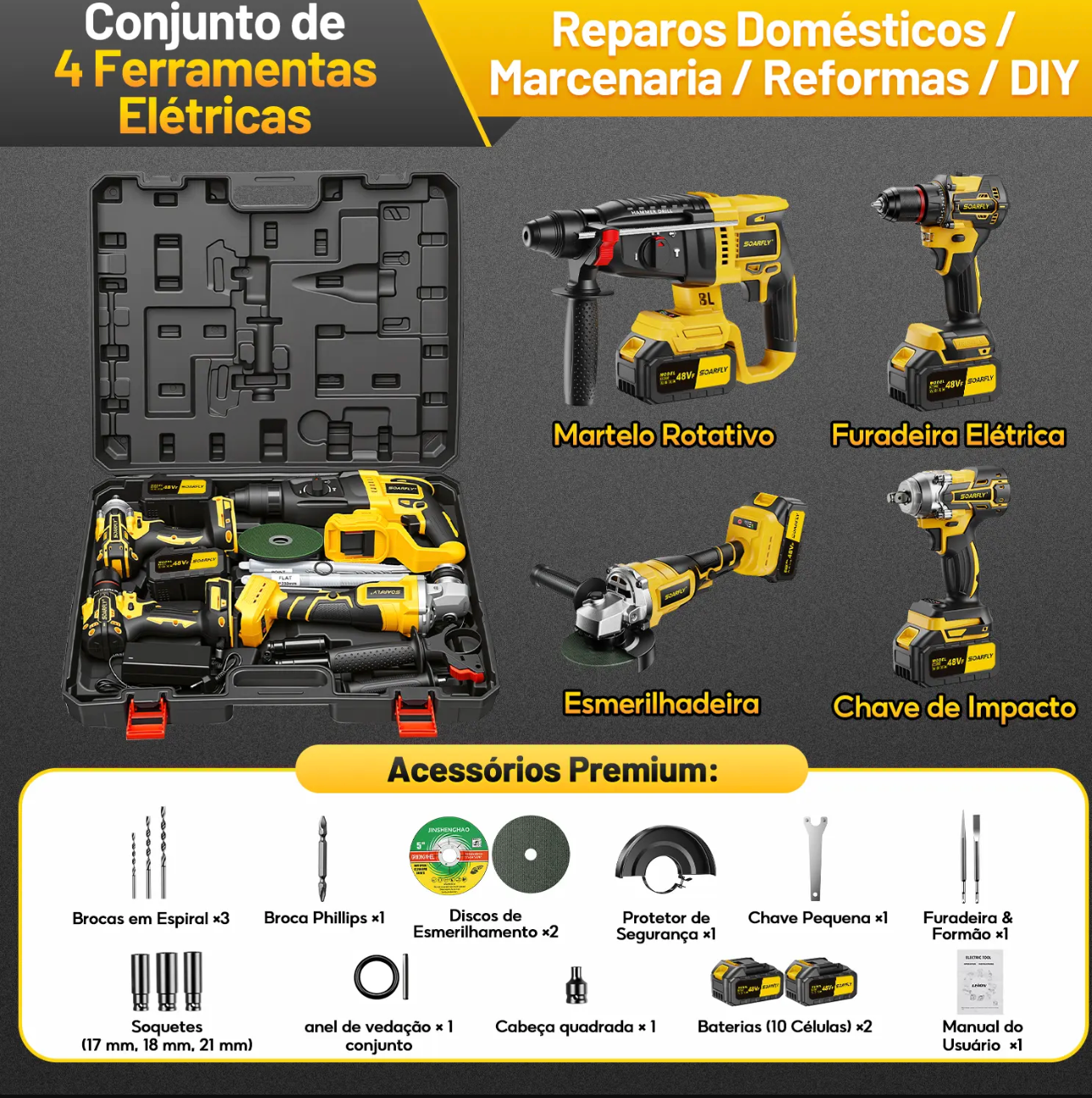 Kit Ferramentas 4 em 1 - Martelete + Esmerilhadeira + Furadeira Parafusadeira +Impacto Chave | Ideal para Reformas Residenciais e Reparos Domésticos