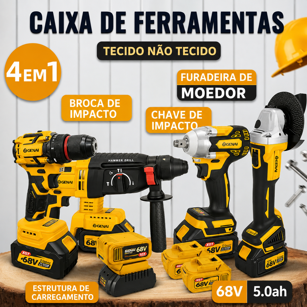 Kit Ferramentas 4 em 1 - Martelete + Esmerilhadeira + Furadeira Parafusadeira +Impacto Chave | Ideal para Reformas Residenciais e Reparos Domésticos