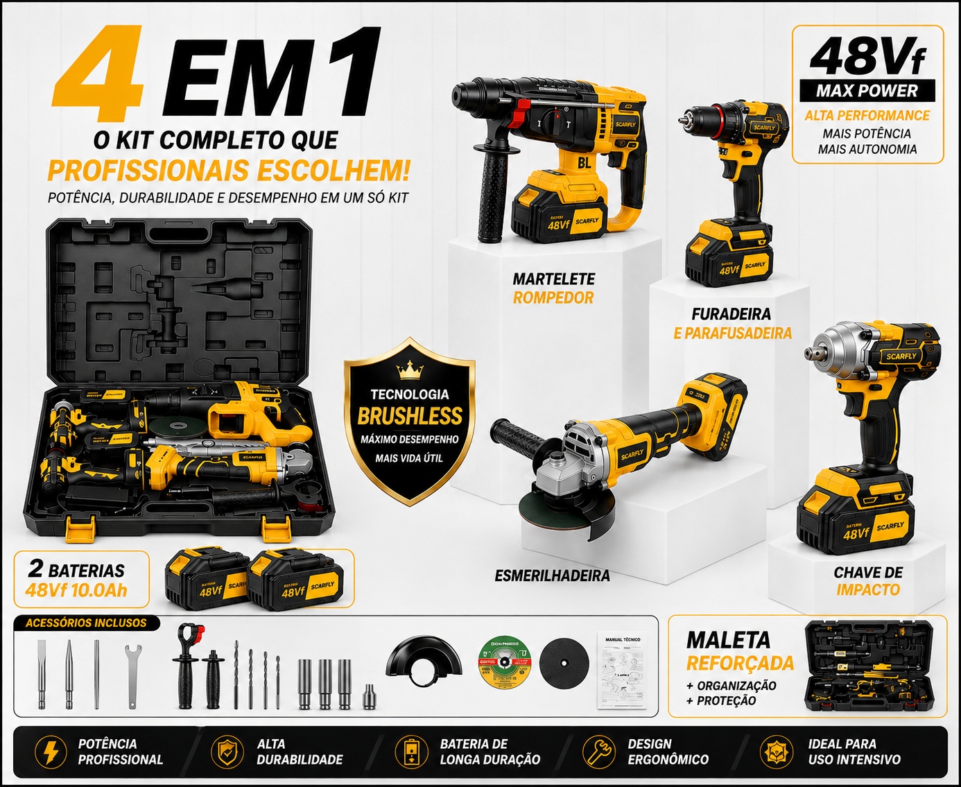 Kit Ferramentas 4 em 1 - Martelete + Esmerilhadeira + Furadeira Parafusadeira +Impacto Chave | Ideal para Reformas Residenciais e Reparos Domésticos