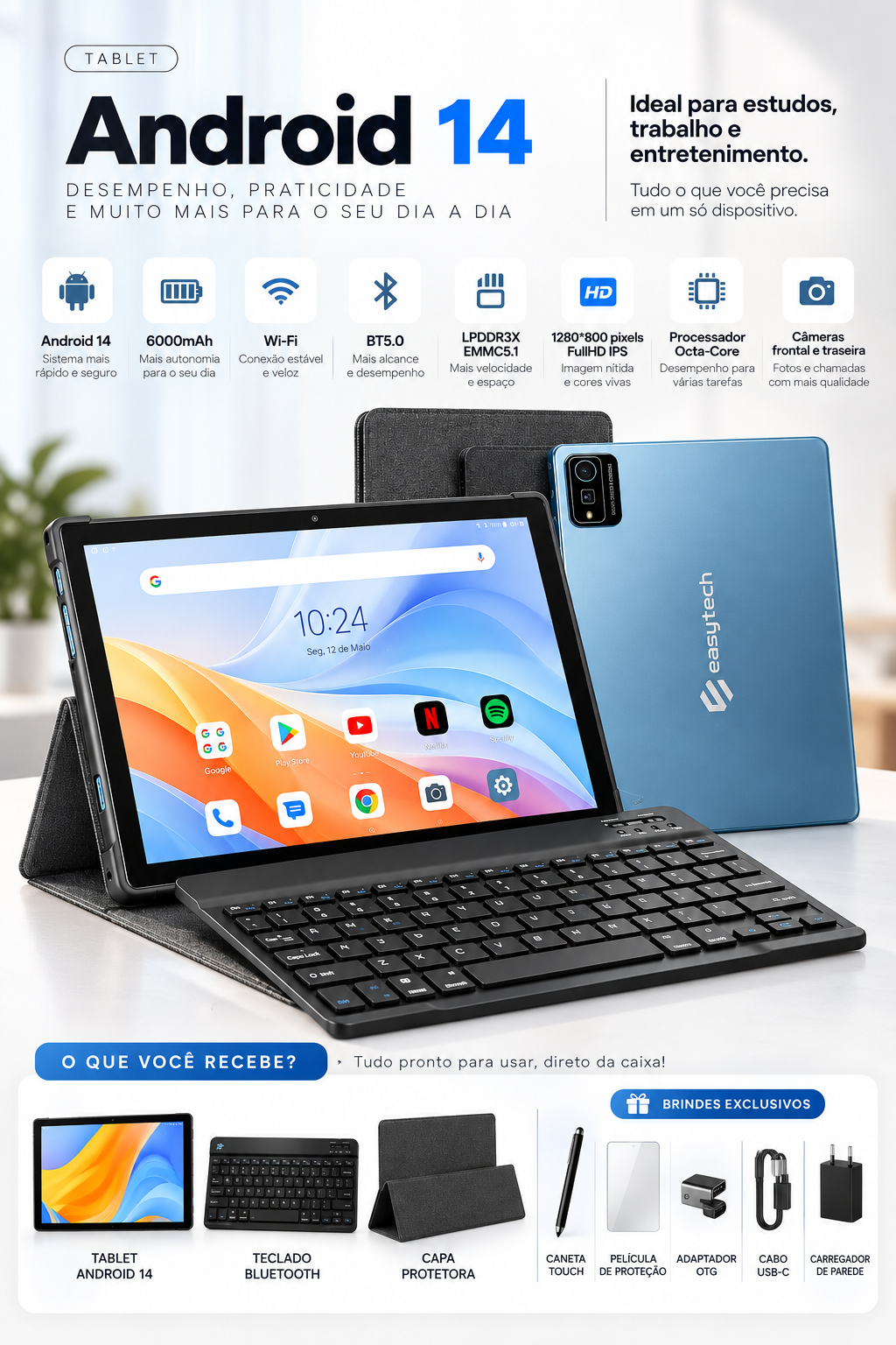 Tablet EasyTech Ultra 14 Full HD IPS | 128GB + 6GB RAM | Android 13 | Dual Chip | 6000mAh 🔥 + BRINDE: Capinha e Teclado