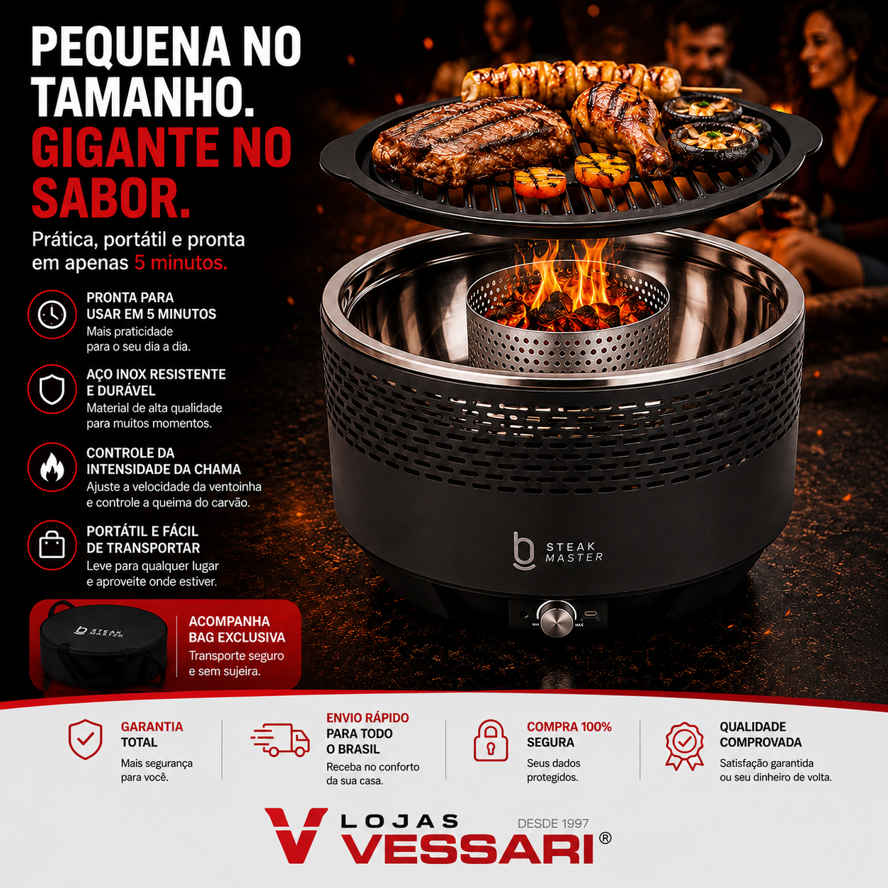 Kit Churrasqueira Portátil Premium Steak Master Smoke + Brinde Exclusivos 🔥