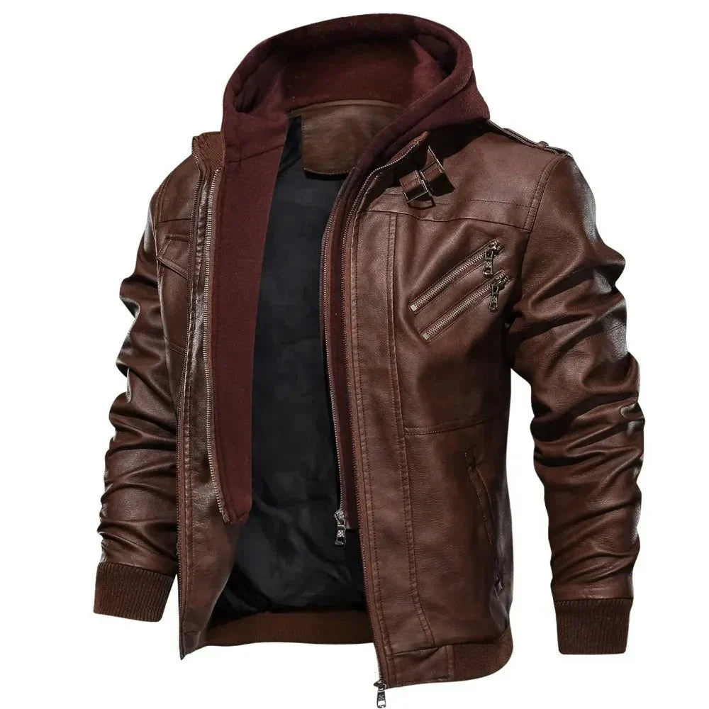 Jaqueta Masculina de Couro com Capuz Removível - Estilo e Versatilidade