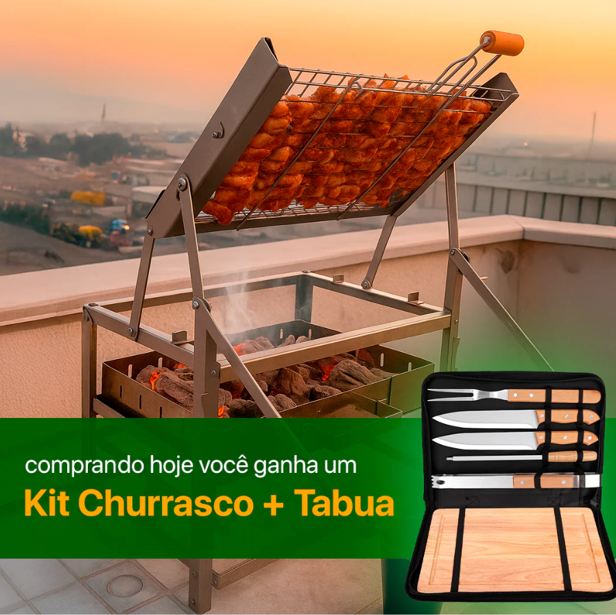 Churrasqueira com Grelha Giratória 360° + Kit Churrasco com Tabua - Queima de Estoque.🔥