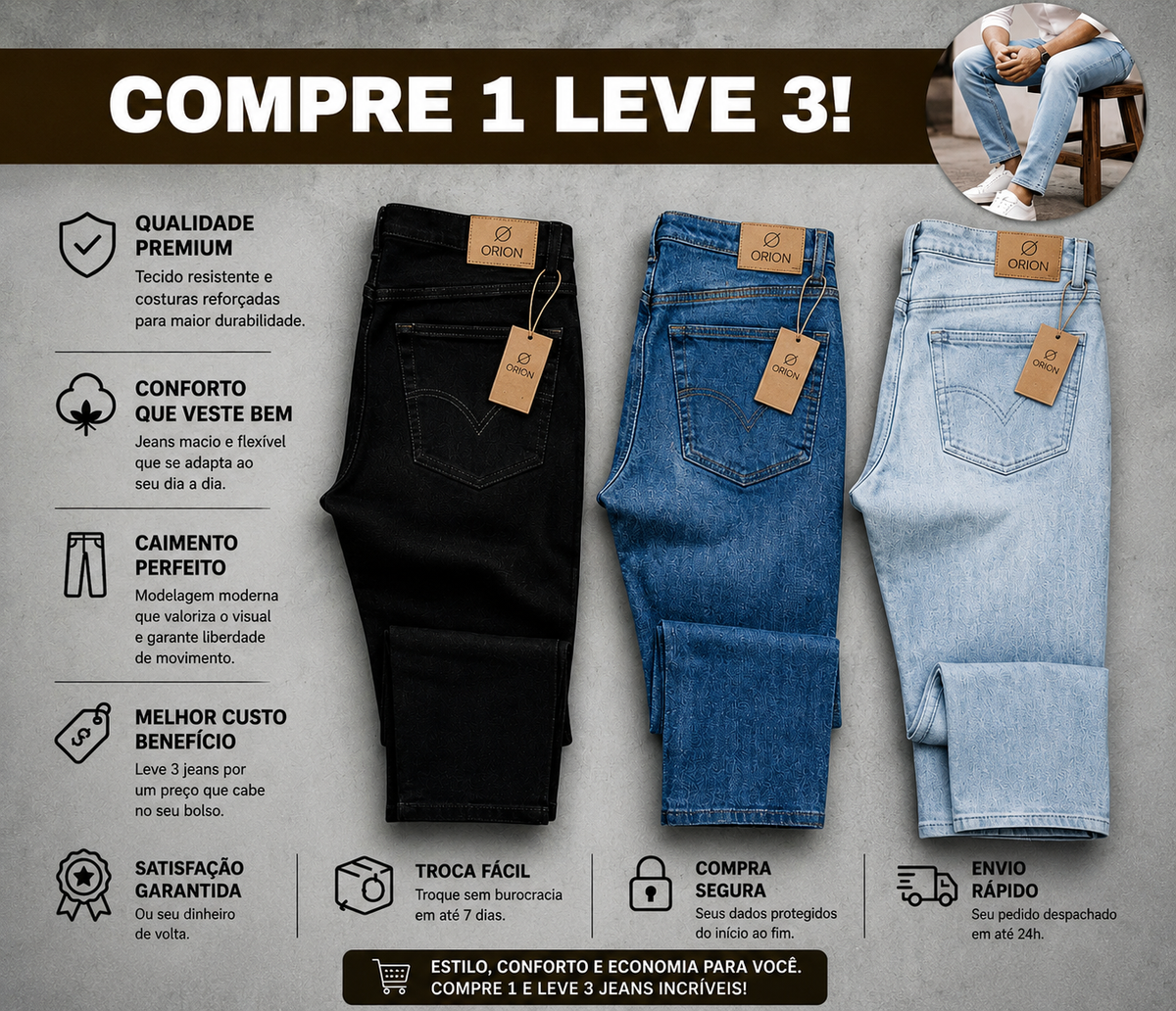 Kit Jeans Masculino Mais Vendido  | Compre 1 Leve 3 + Frete Grátis 🔥
