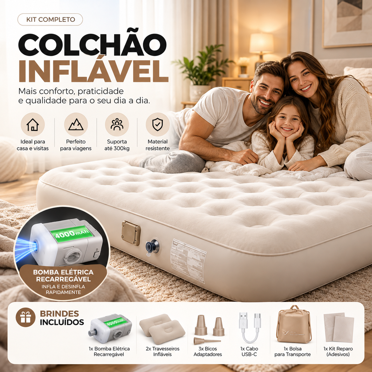 🔥Colchão Inflável Queen Casal Cama De Campanha Bomba Inflável Com Bateria De Lítio Integrada JOYFOX - Oferta limitada!🔥