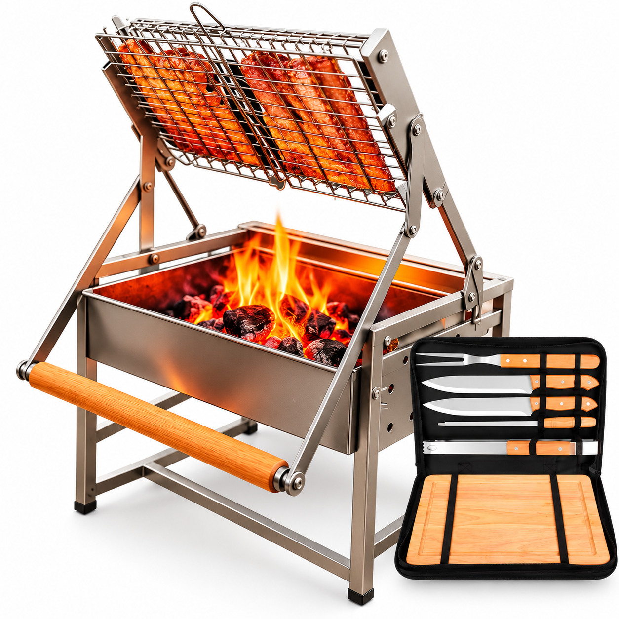 KIT Churrasqueira com Grelha Giratória 360° + Kit Churrasco com Tabua - Queima de Estoque!