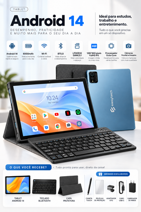 Tablet EasyTech Ultra 14 Full HD IPS | 128GB + 6GB RAM | Android 13 | Dual Chip | 6000mAh 🔥 + BRINDE: Capinha e Teclado