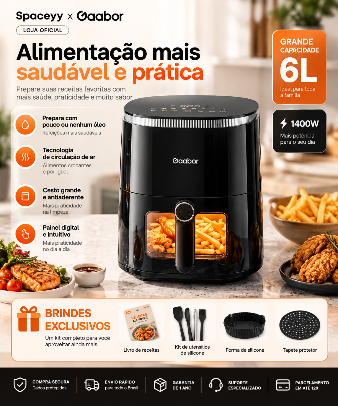 Kit Air Fryer Gaabor 6L — Completo para Sua Cozinha + Brindes Exclusivos