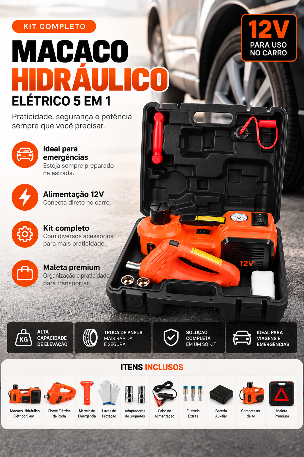 KIT AUTOMOTIVO DE EMERGÊNCIA 5 EM 1 — COMPLETO PARA QUALQUER IMPREVISTO + Brindes